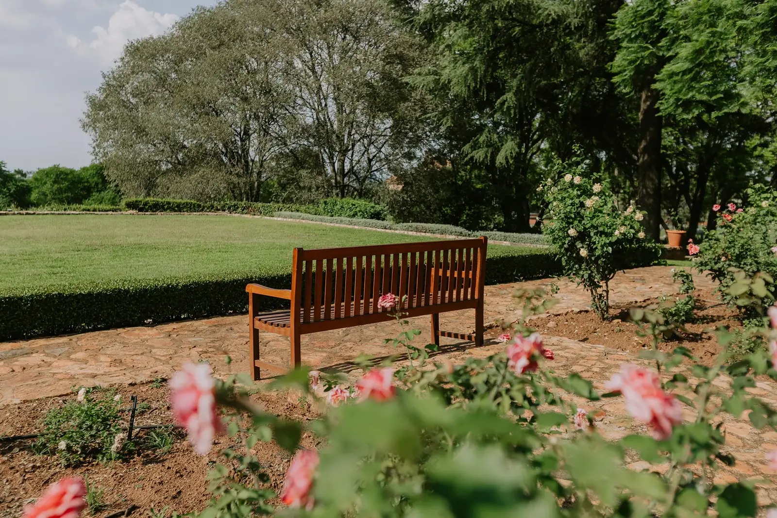 The Rose Garden at Glenshiel, with rose beds, clipped hedges and a stone bench